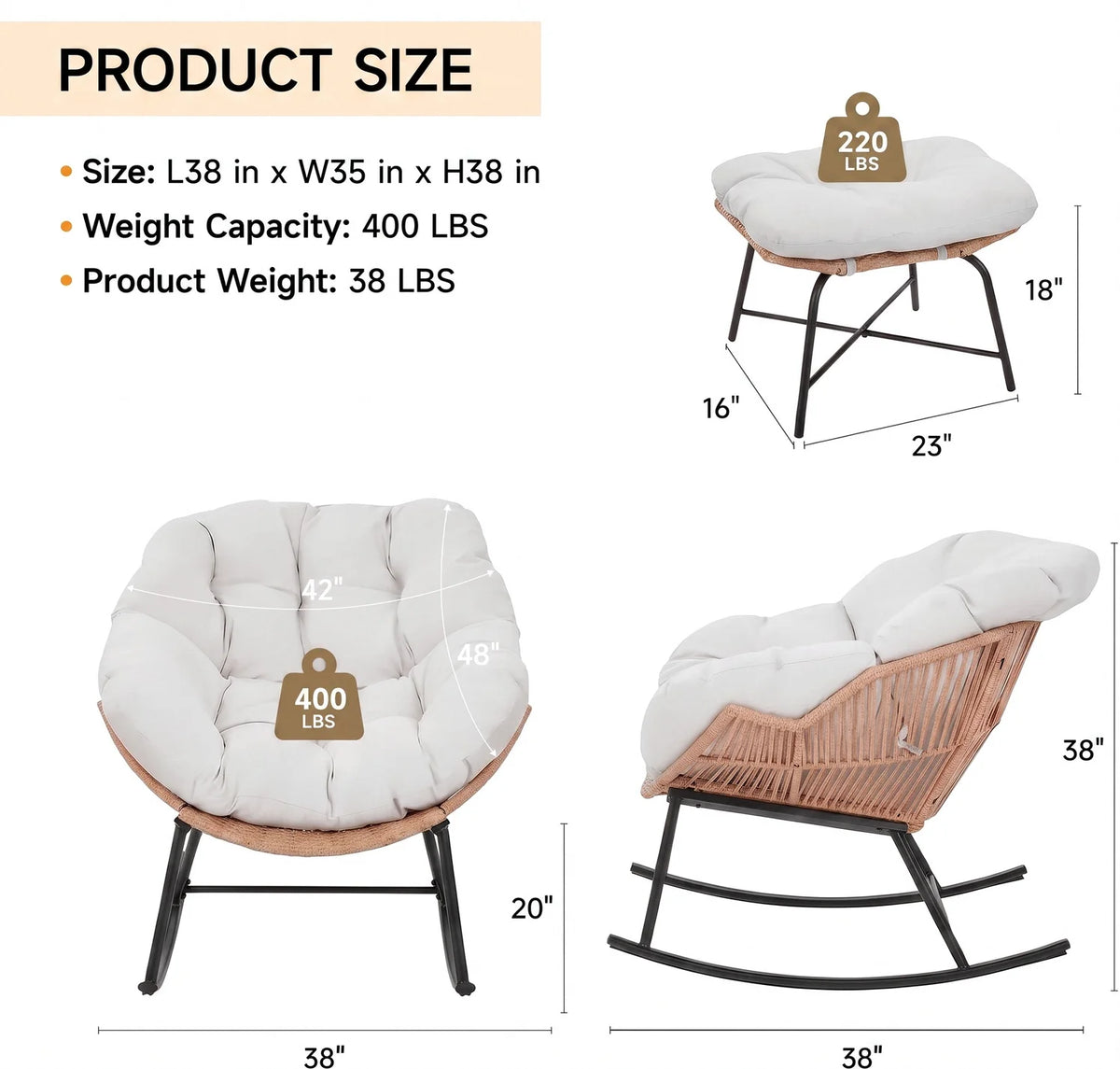 ONBRILL Rattan Papasan Rocking Chair With Ottoman for Patio Lounge