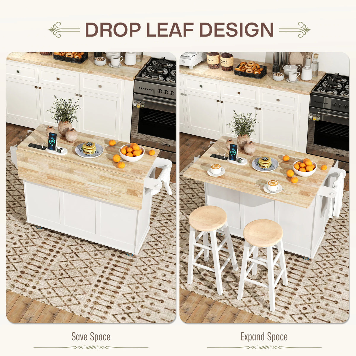 HOMCOM Rolling Kitchen Island With Drop Leaf And Power Outlet