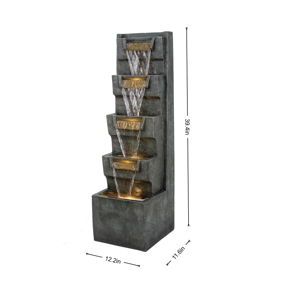 Four Tier Cascading Outdoor Water Fountain With Warm LED Lights