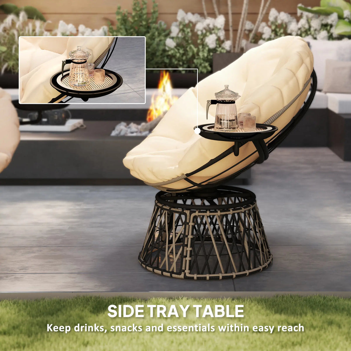 Outsunny Outdoor Swivel Papasan Chair With Side Tray And Cushion