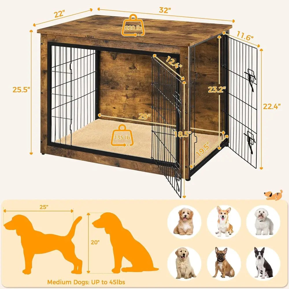 Wooden Dog Crate Furniture With Cushion And Double Door Kennel