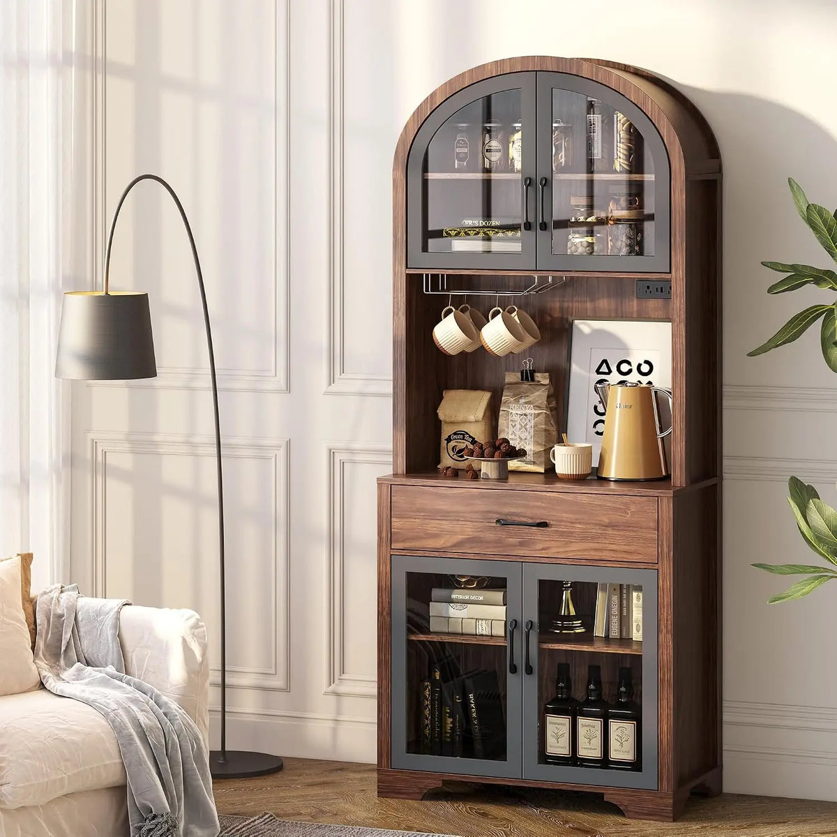 XIUWO Arched Kitchen Pantry Cabinet With Charging Station LED Lighting