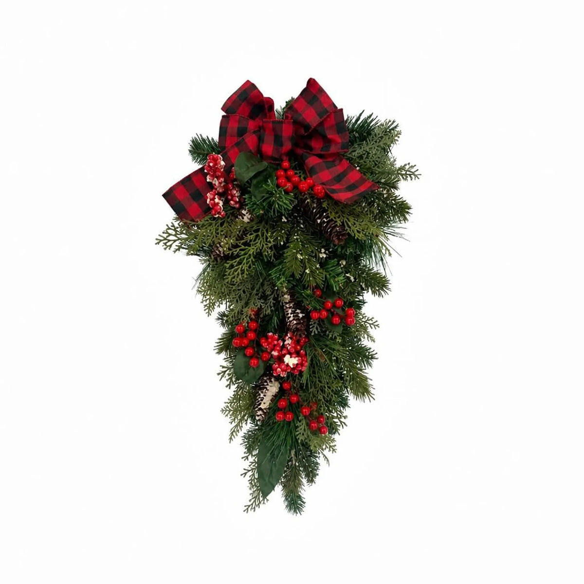 HiMISS Farmhouse Christmas Teardrop Swag With Plaid Bow And Pinecones