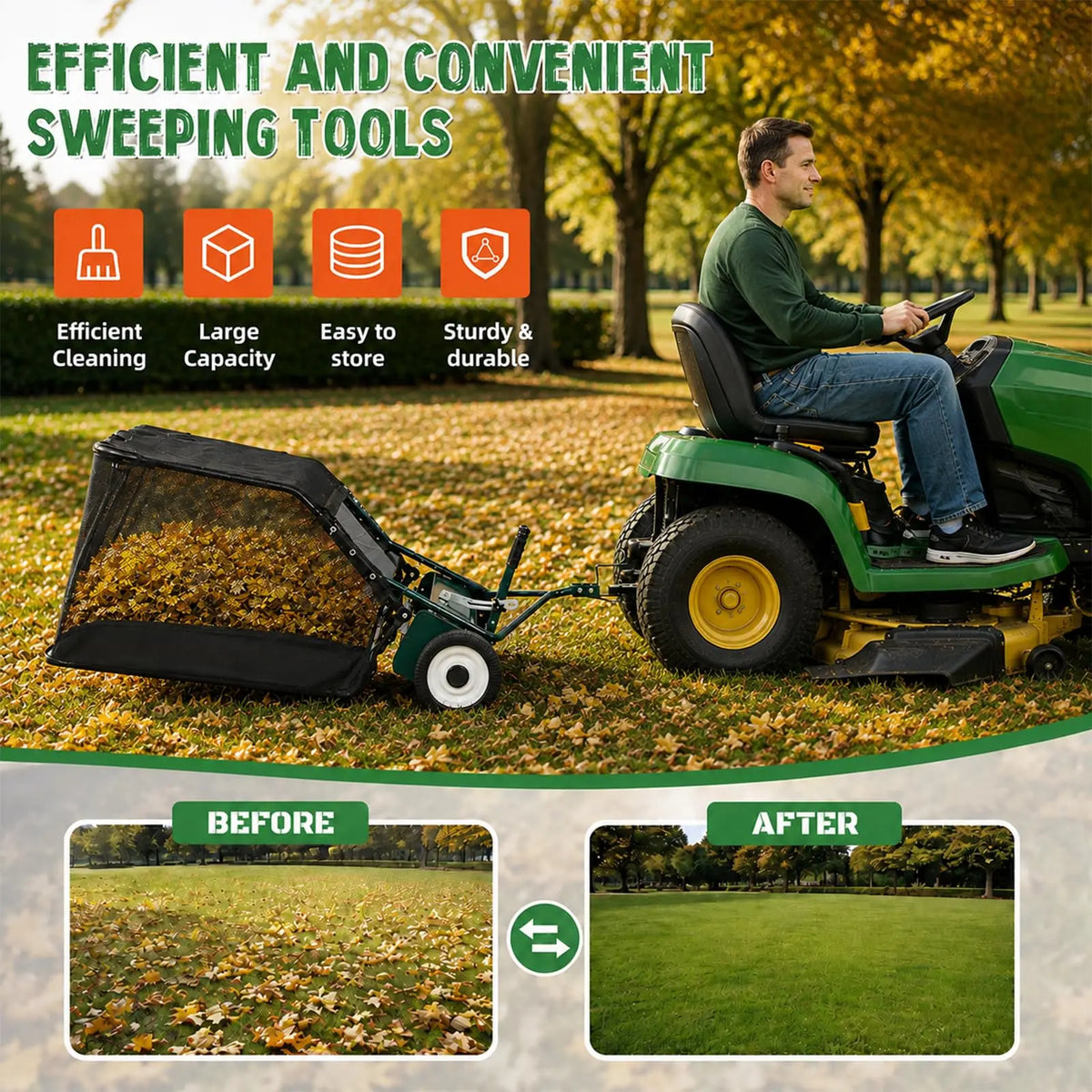 Tow Behind Lawn Sweeper for Efficient Leaf and Grass Collection