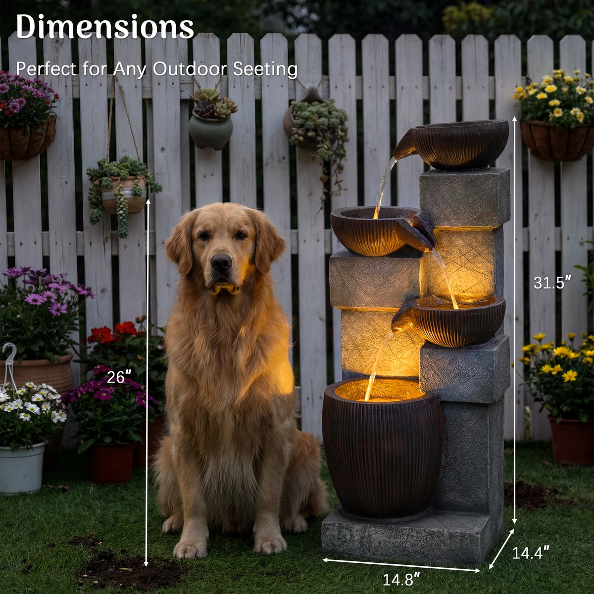 Cascading Water Fountain With LED Lights And Adjustable Flow Pump