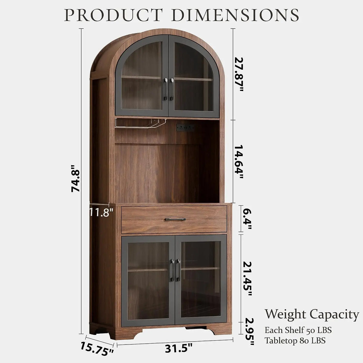 XIUWO Arched Kitchen Pantry Cabinet With Charging Station LED Lighting