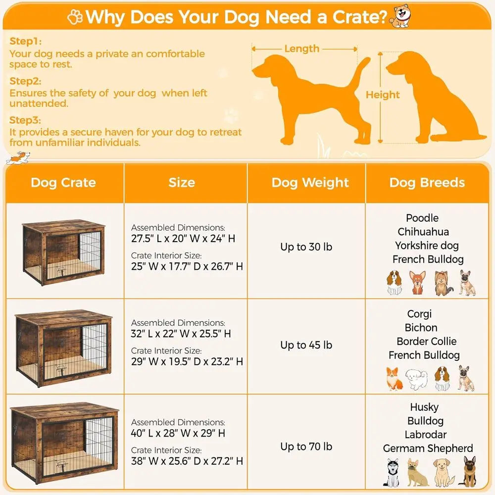 Wooden Dog Crate Furniture With Cushion And Double Door Kennel