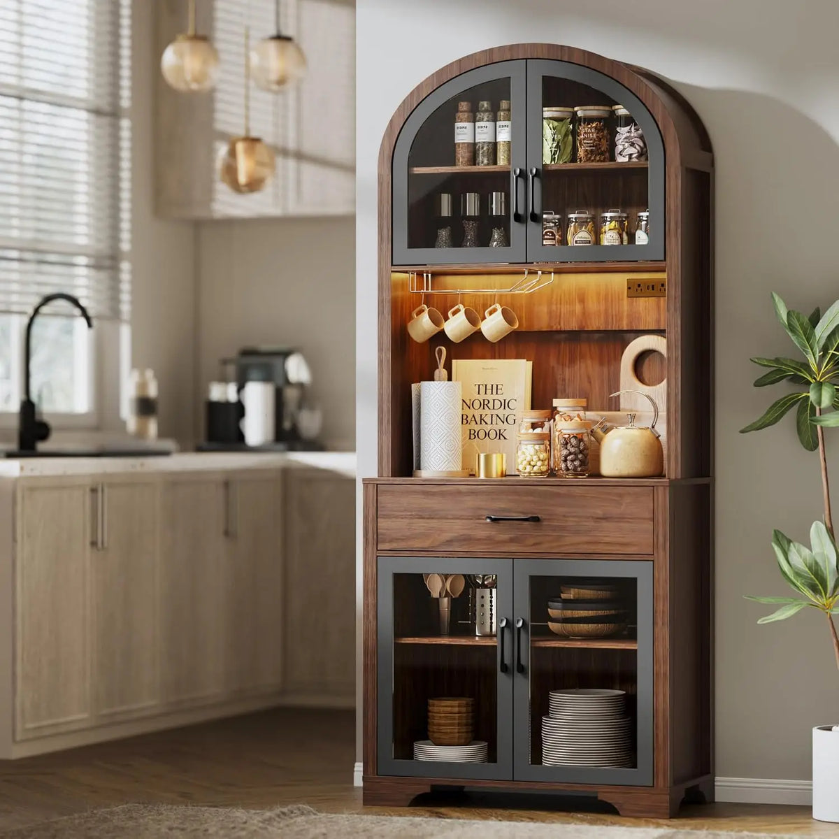 XIUWO Arched Kitchen Pantry Cabinet With Charging Station LED Lighting