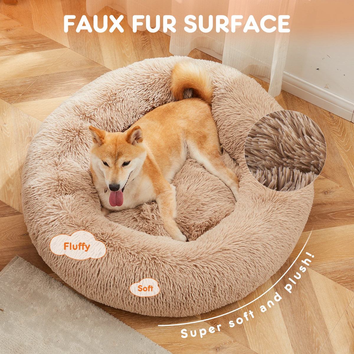JHK Calming Washable Non Slip Plush Faux Fur Dog Bed