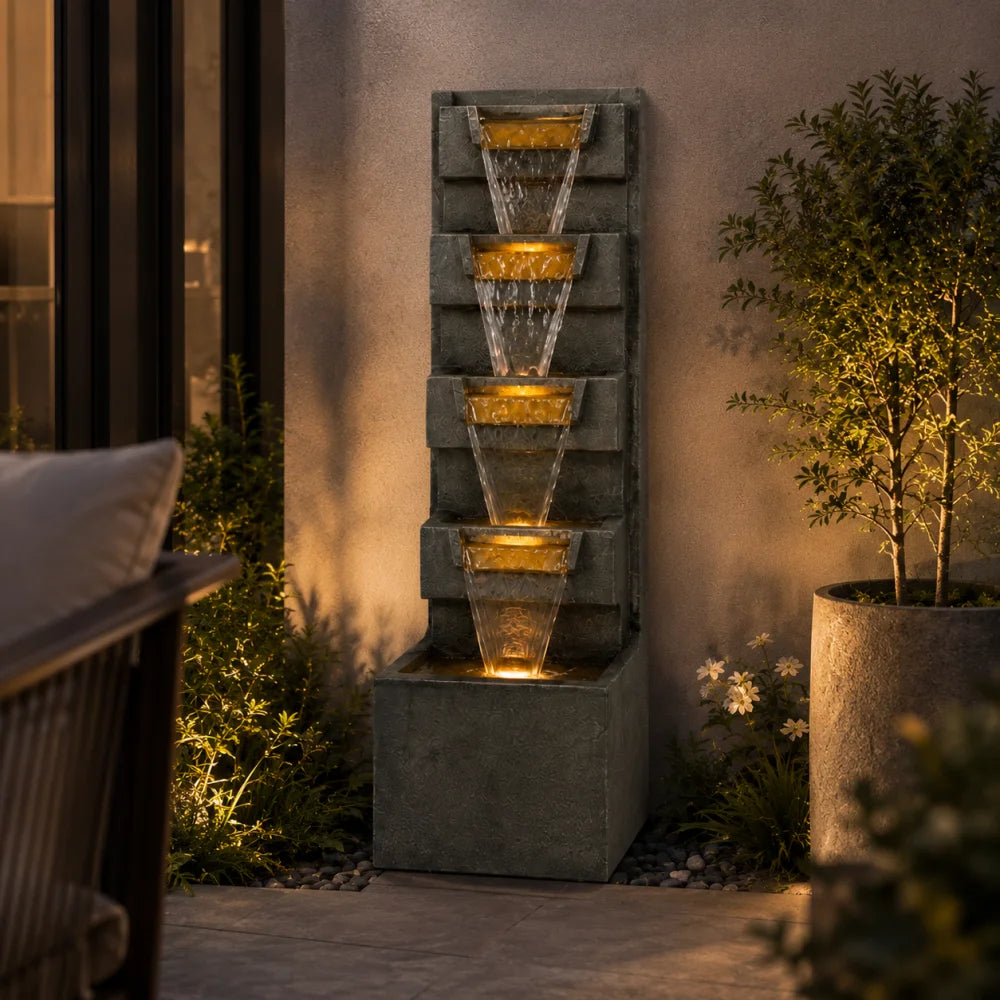 Four Tier Cascading Outdoor Water Fountain With Warm LED Lights