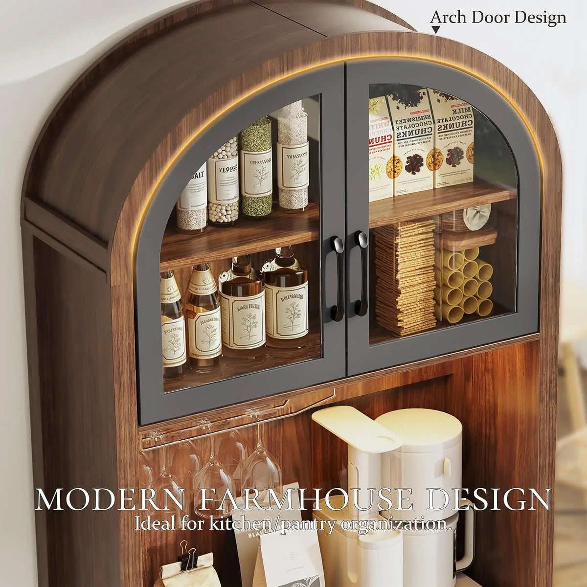 XIUWO Arched Kitchen Pantry Cabinet With Charging Station LED Lighting