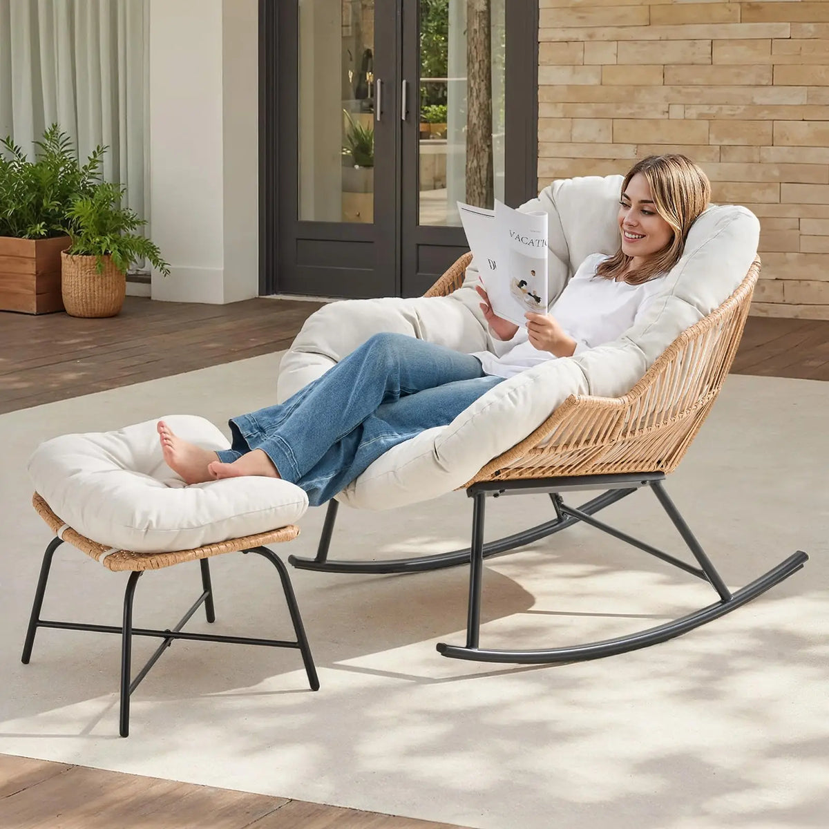 ONBRILL Rattan Papasan Rocking Chair With Ottoman for Patio Lounge