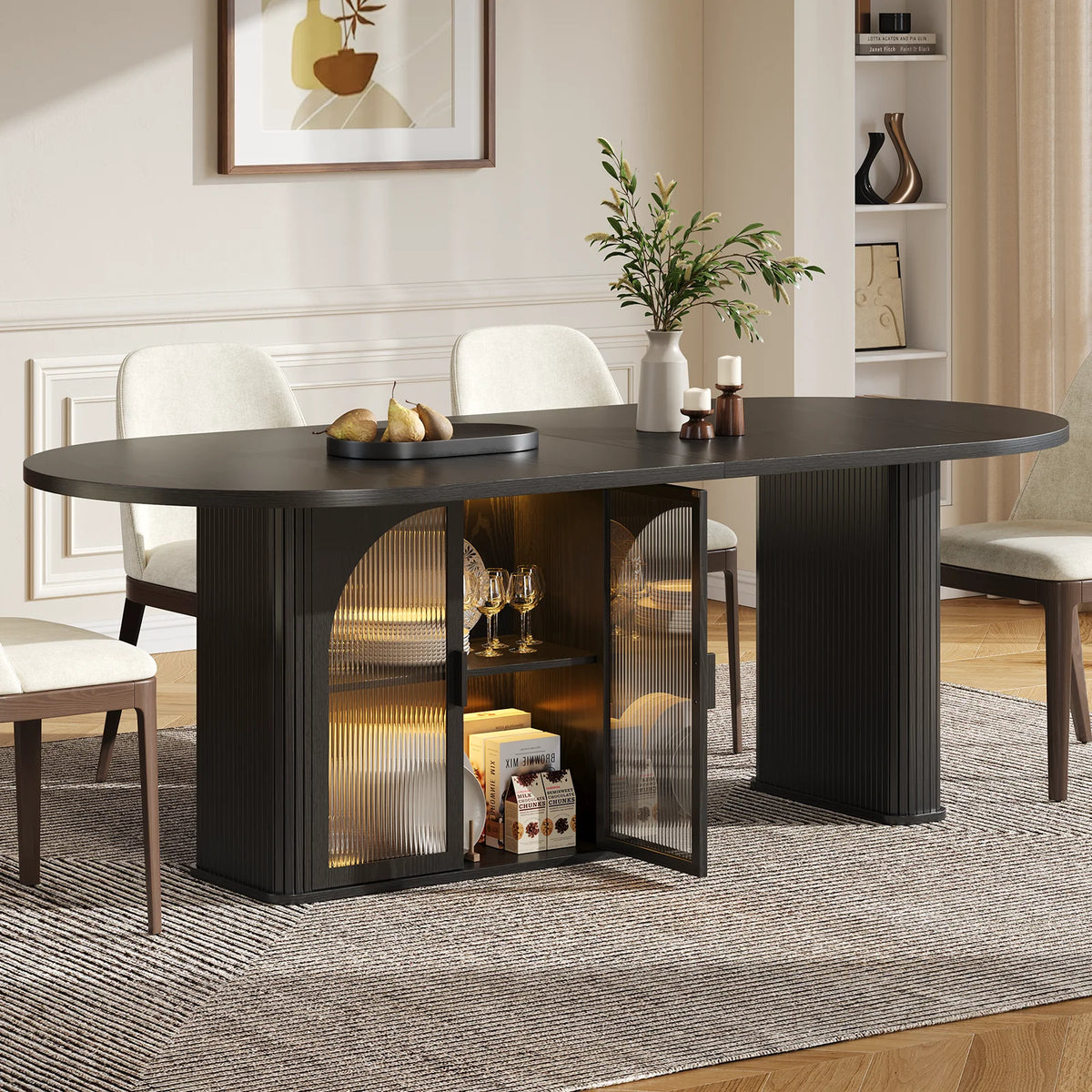 ONBRILL Oval Dining Table With Storage And LED Lighting