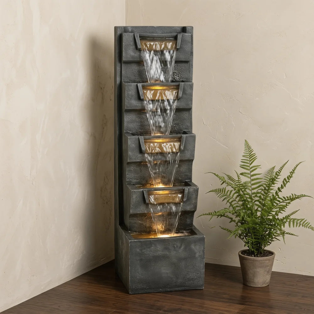 Four Tier Cascading Outdoor Water Fountain With Warm LED Lights
