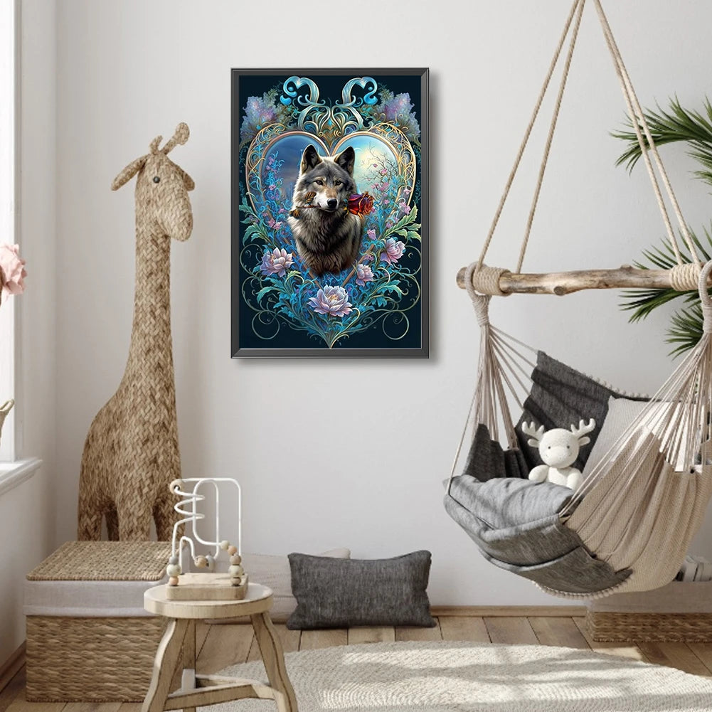 DIY Wolf With Rose Diamond Painting Full Round Drill Kit