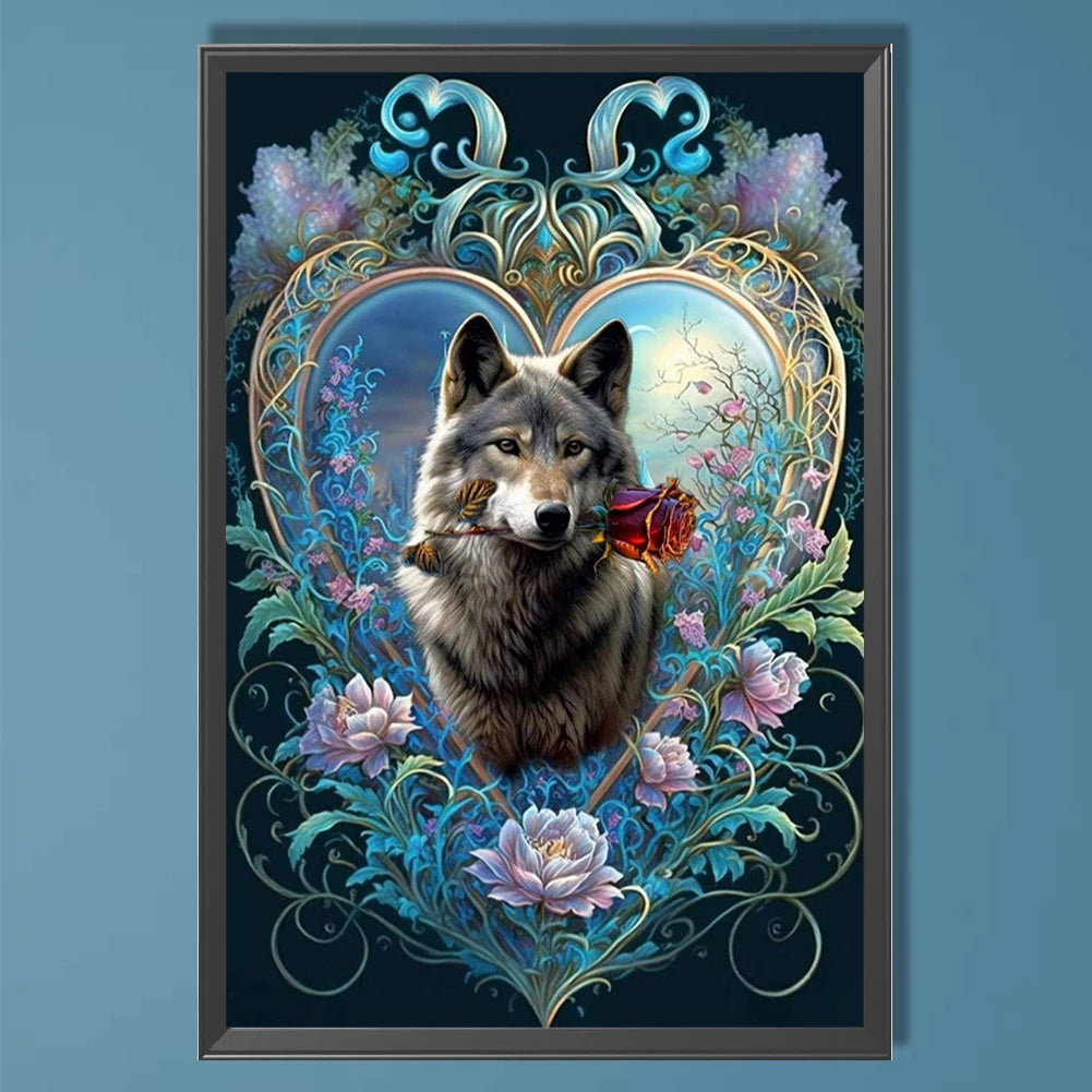 DIY Wolf With Rose Diamond Painting Full Round Drill Kit