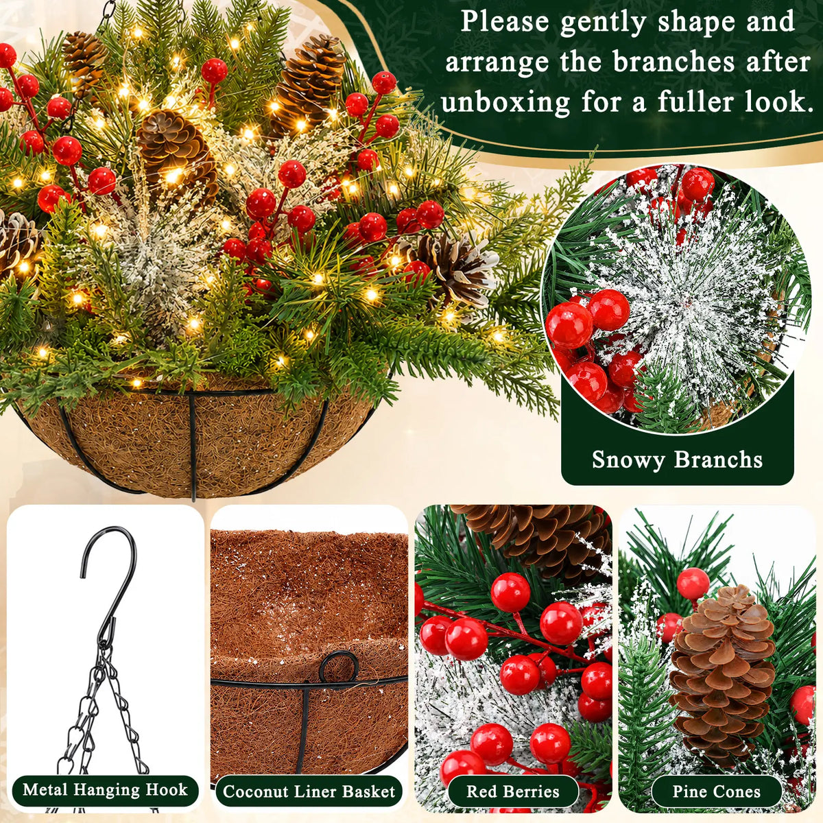 Artificial Christmas Hanging Basket With LED String Lights