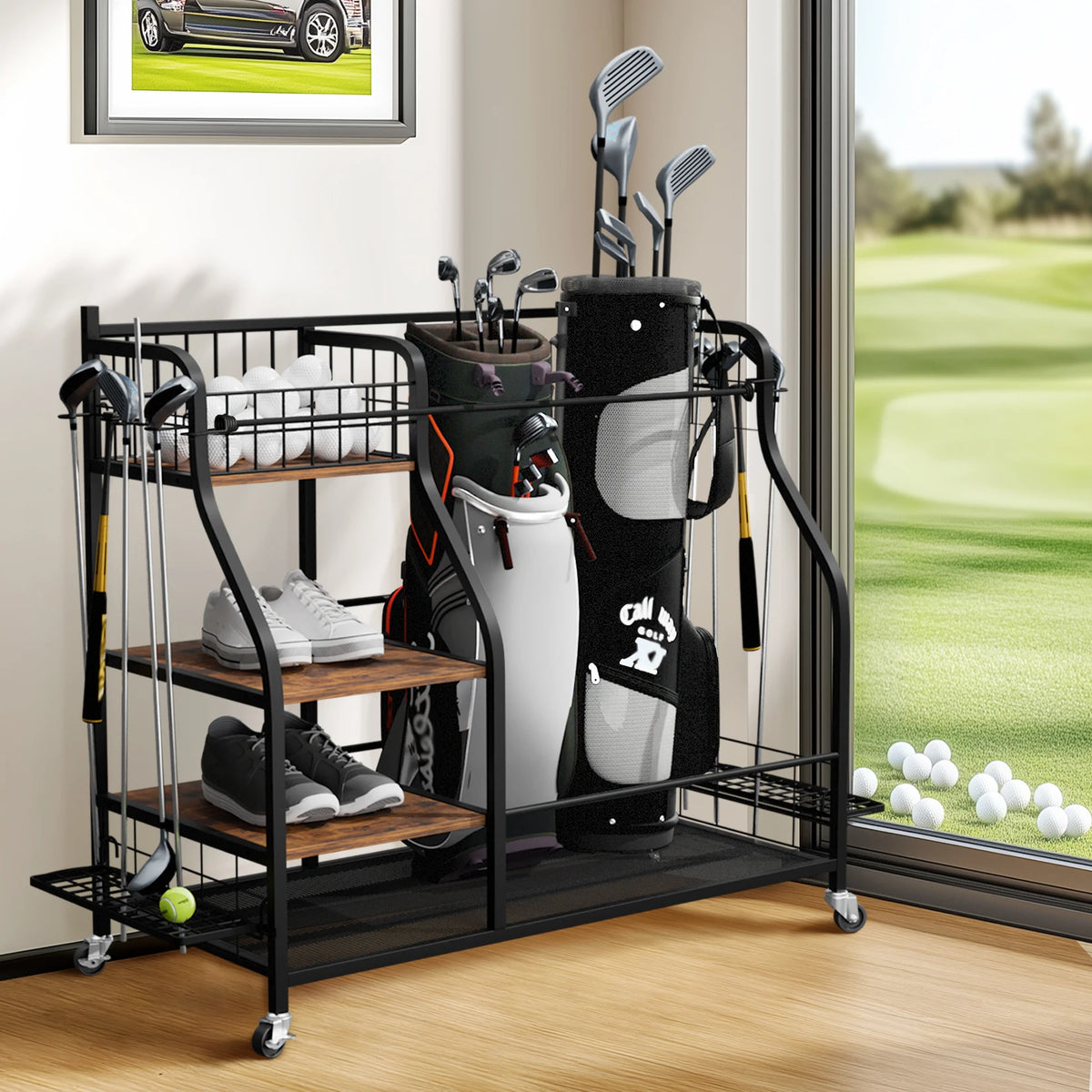 Rolling Golf Bag Storage Rack With Wheels And Metal Shelves