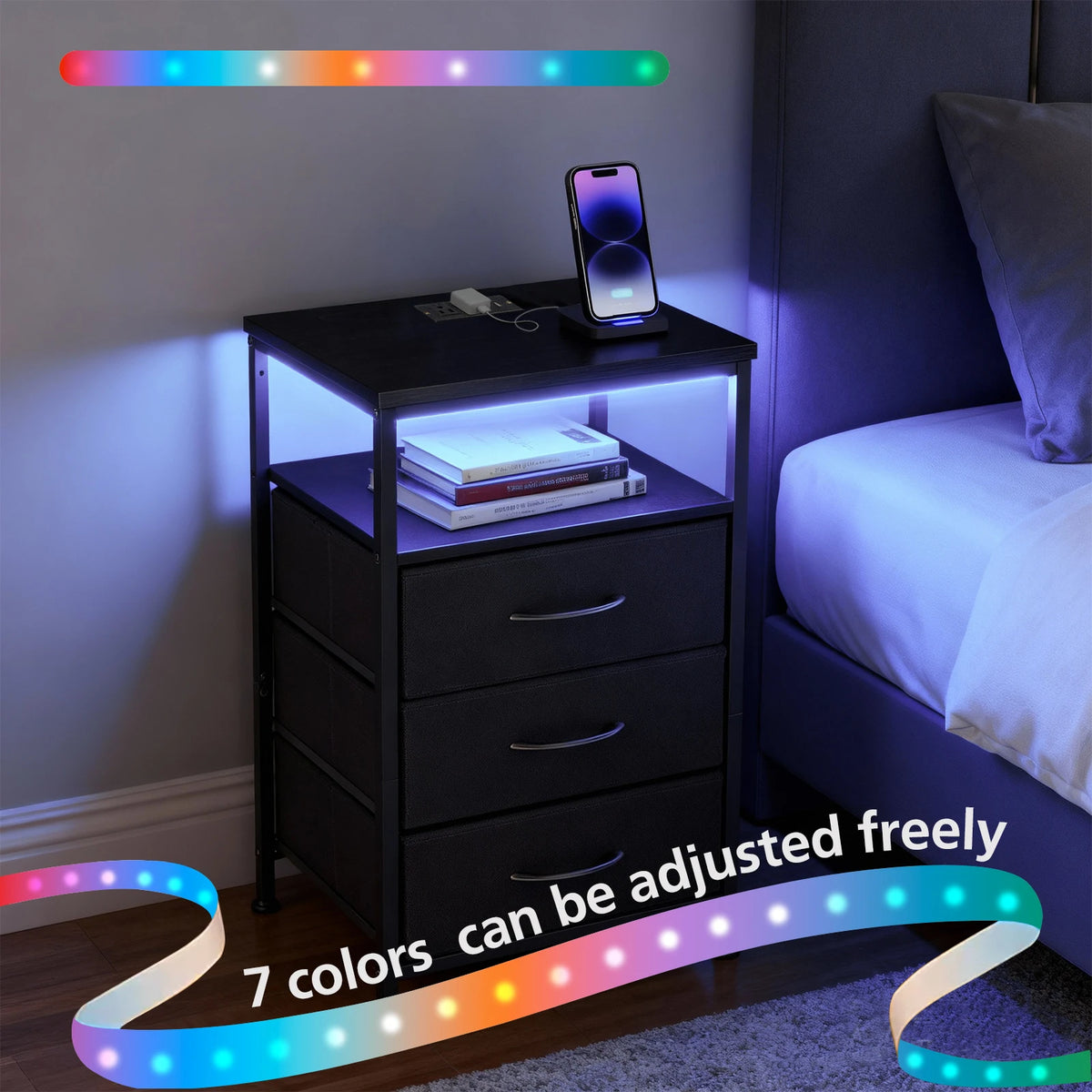 JHK Fabric Drawer Nightstand With Charging Station And USB Ports