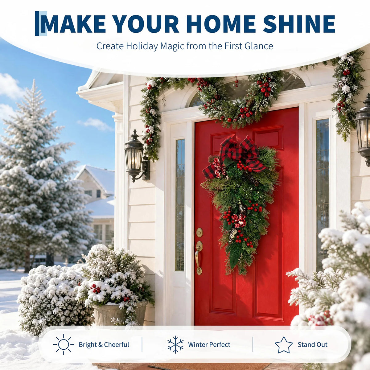 HiMISS Farmhouse Christmas Teardrop Swag With Plaid Bow And Pinecones
