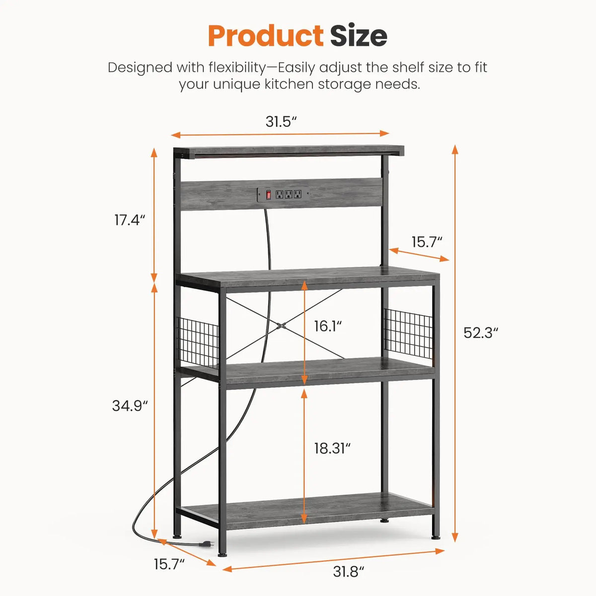 JHK Bakers Rack With Power Outlet And Tiered Storage Shelves