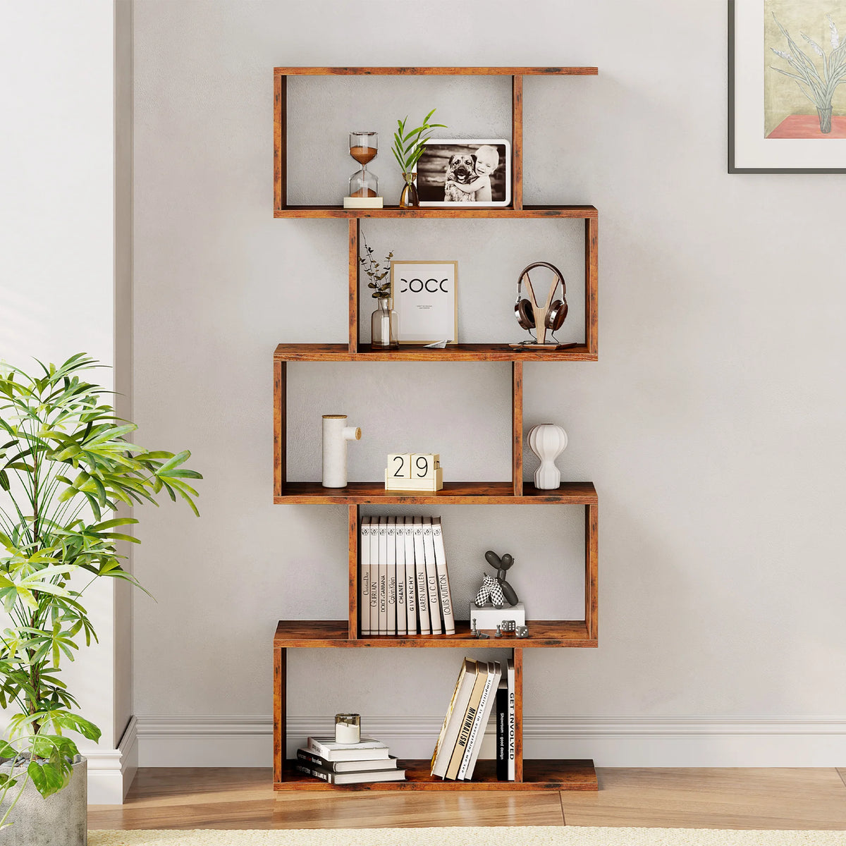 JHK Five Tier Geometric S Shaped Wooden Bookcase Display Shelf