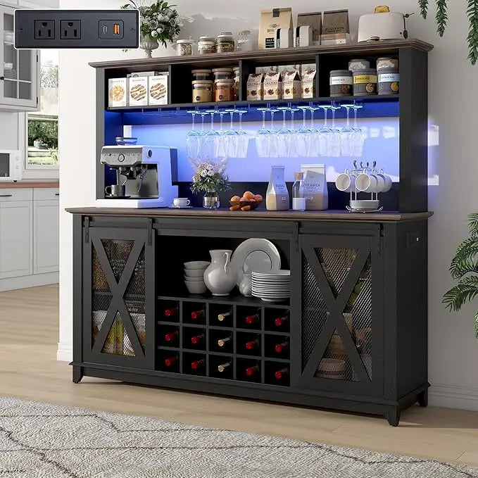 XIUWO Farmhouse Coffee Bar Cabinet LED Lighting And Wine Storage