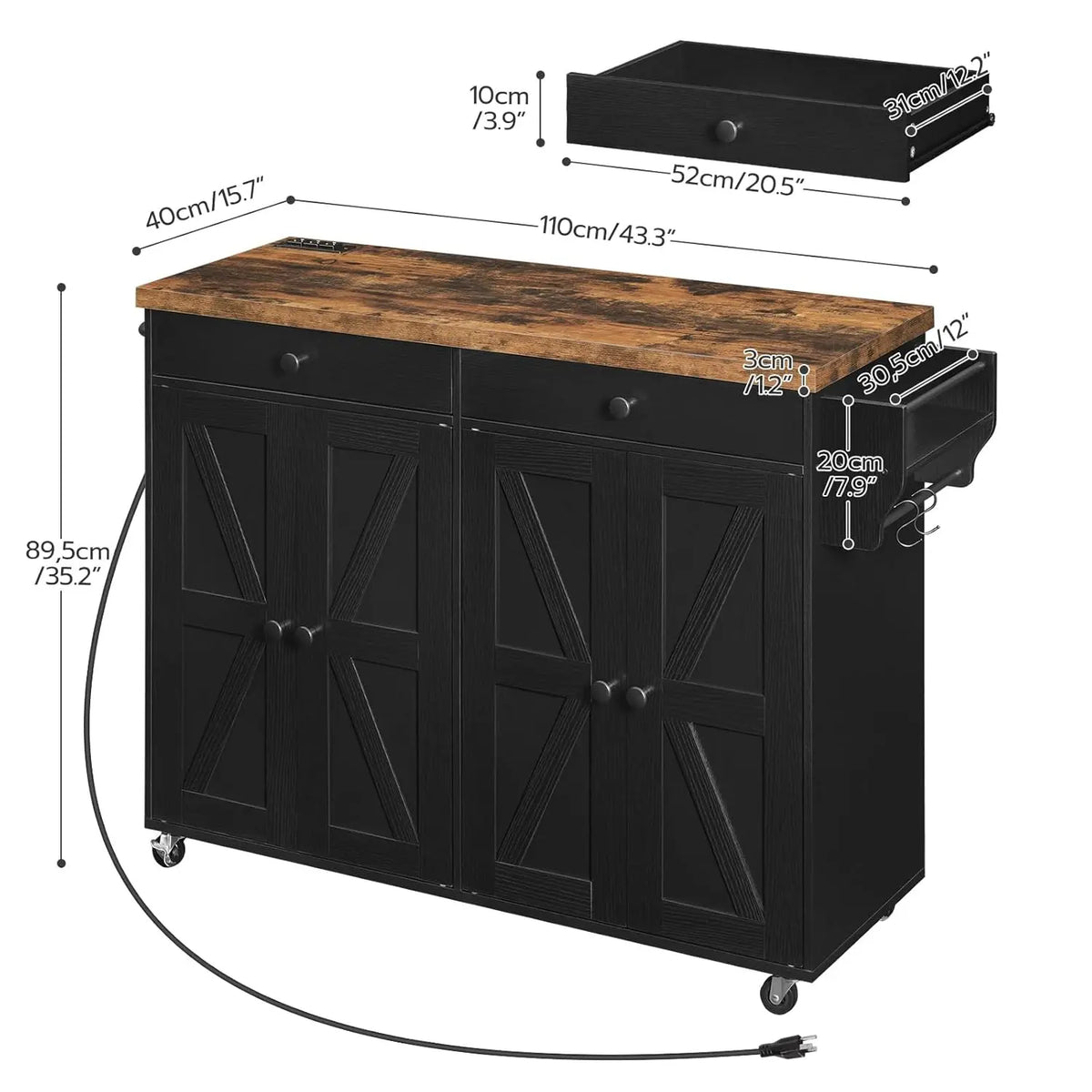 Kitchen Island Cart With Power Outlet, Storage, Spice Rack And Hooks