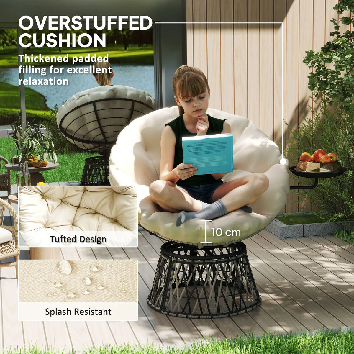 Outsunny Outdoor Swivel Papasan Chair With Side Tray And Cushion
