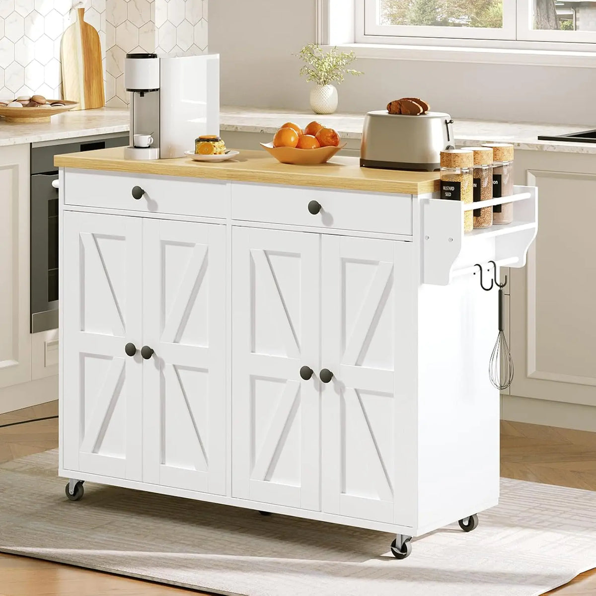 Kitchen Island Cart With Power Outlet, Storage, Spice Rack And Hooks
