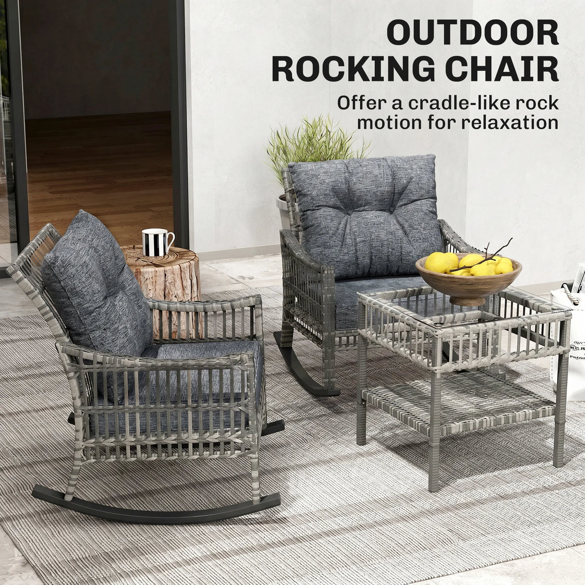 Outsunny Outdoor Rattan Rocking Chair Set With Tempered Glass Table