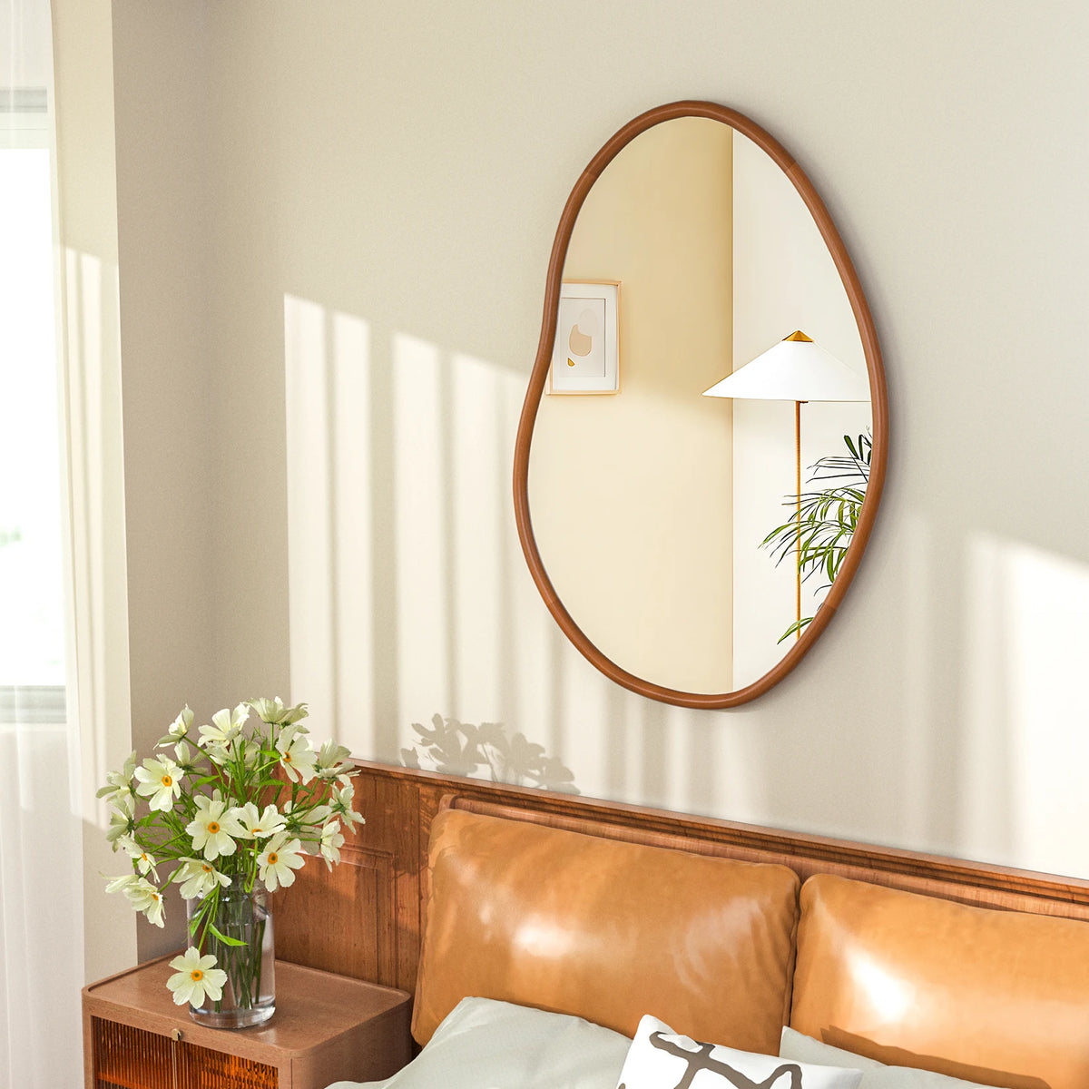 Mid Century Asymmetrical Wood Frame Decorative Wall Mirror for Entryway