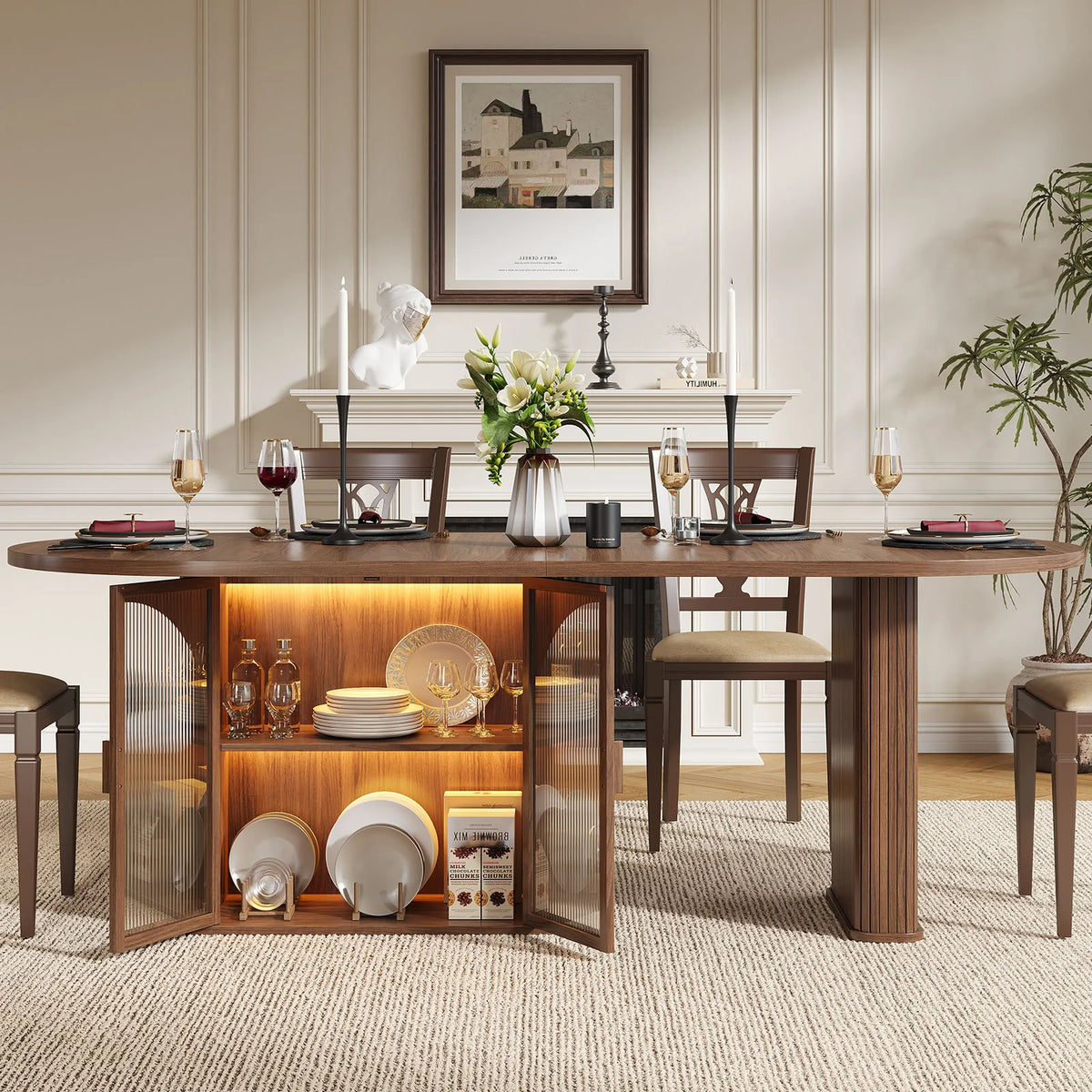 ONBRILL Oval Dining Table With Storage And LED Lighting