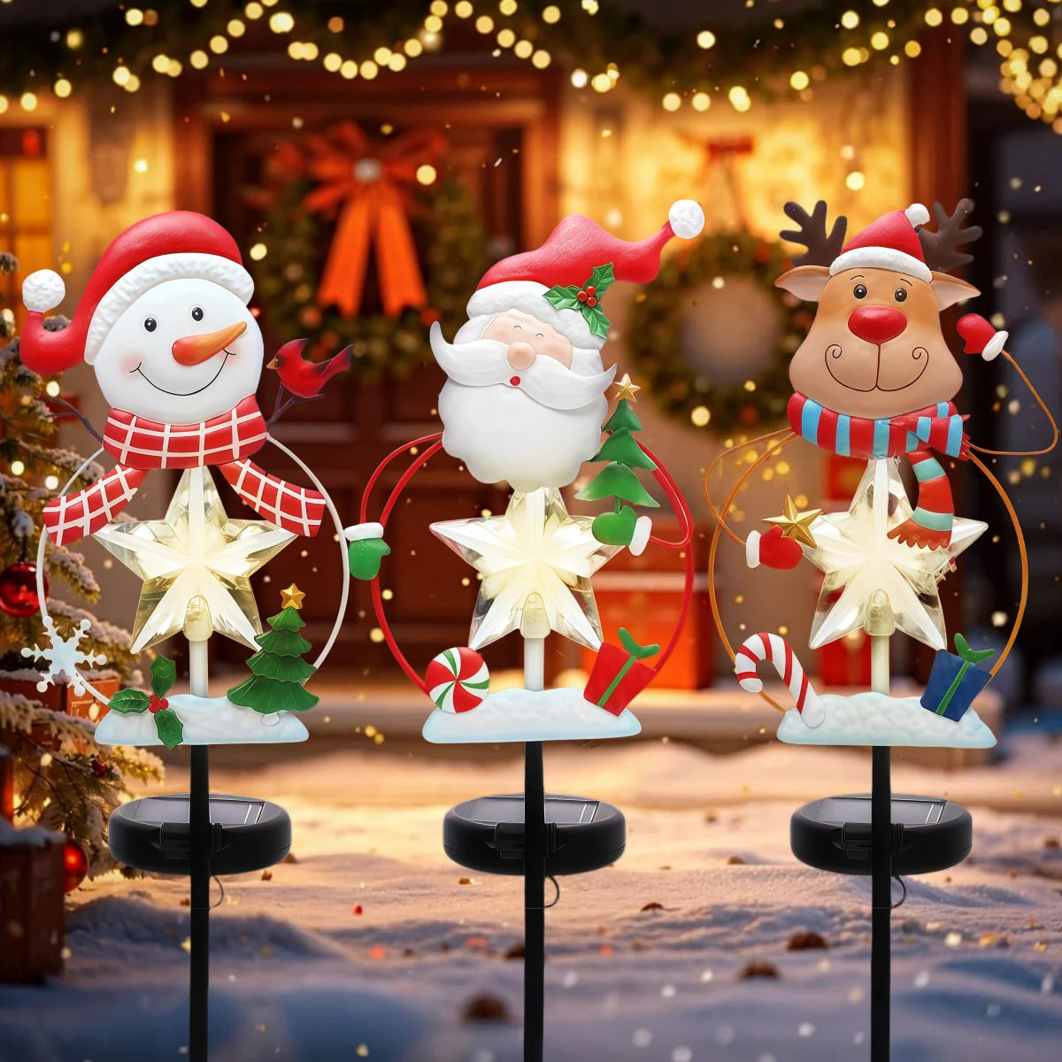 Solar Christmas Garden Stake Lights With Snowman Santa And Reindeer