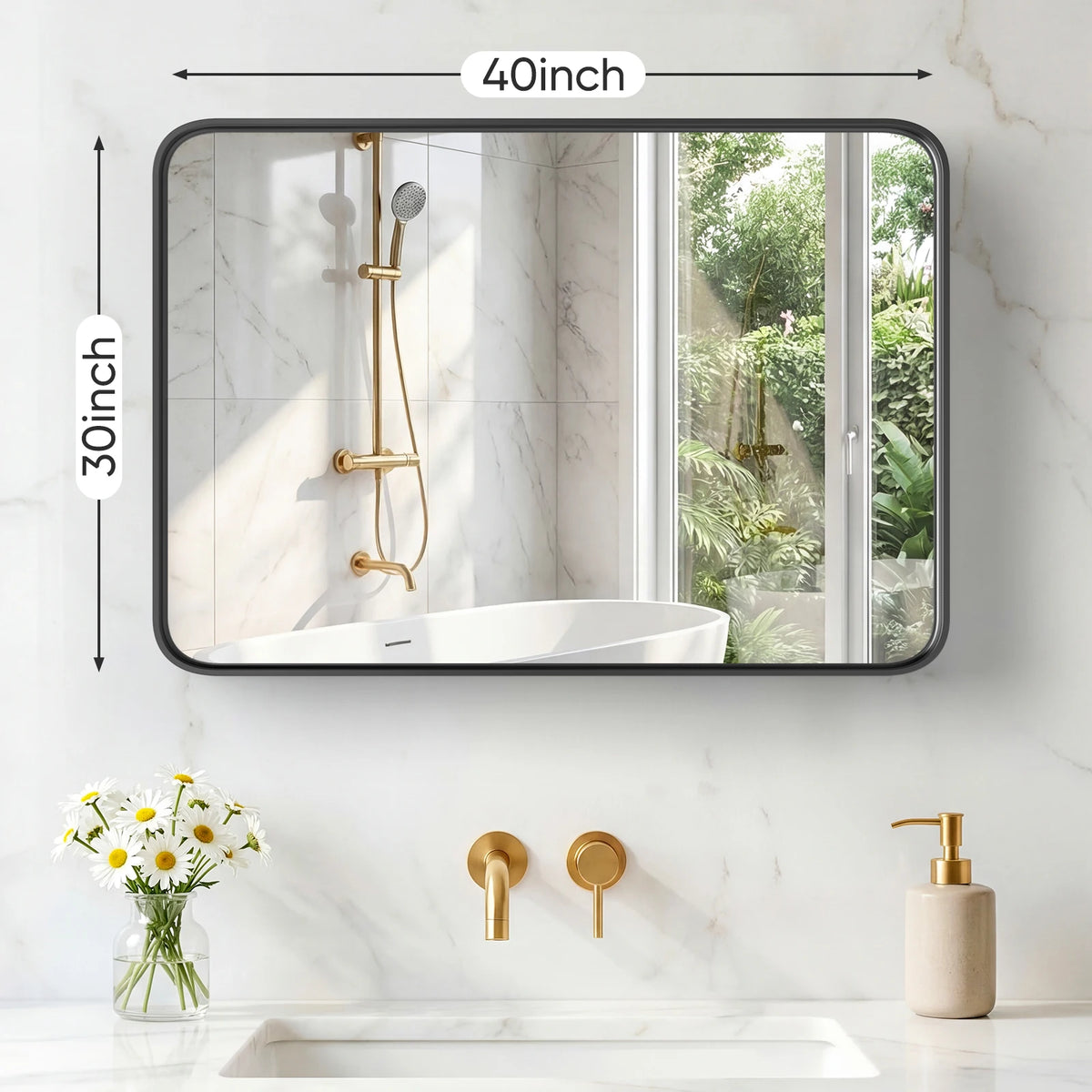 JHK Matte Metal Framed Rounded Rectangle Wall Mount Bathroom Mirror