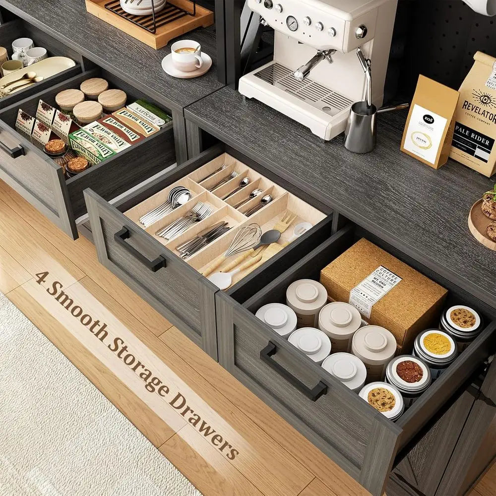 Kitchen Pantry Storage Cabinet With LED Lighting, Outlet And Countertop