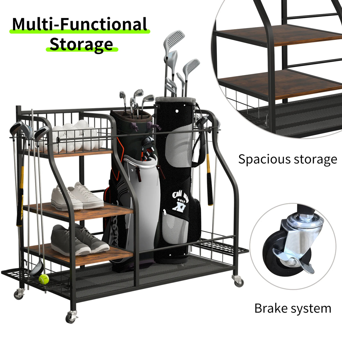 Rolling Golf Bag Storage Rack With Wheels And Metal Shelves