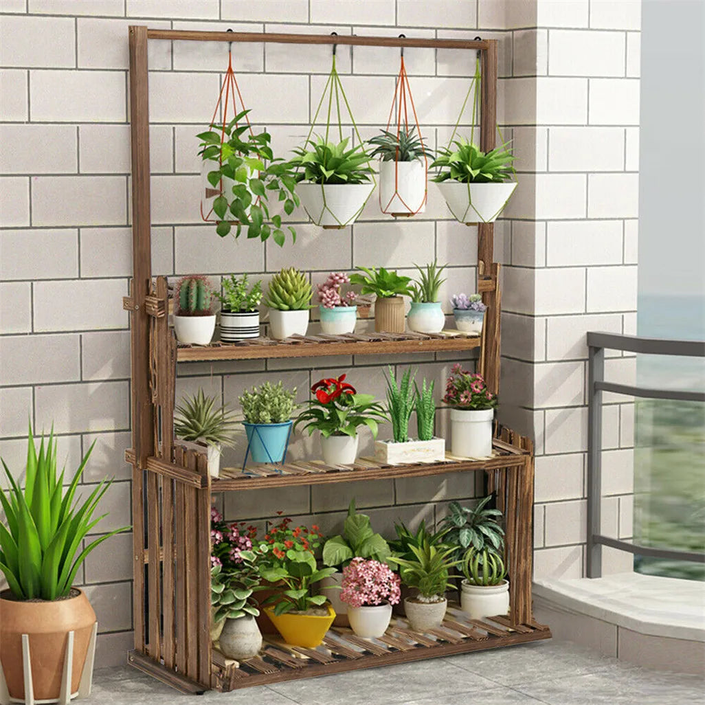 Wooden Hanging Plant Stand With Three Tier Flower Shelves