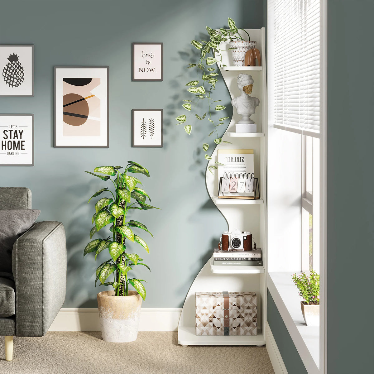 Tribesigns Modern Corner Bookshelf Storage Rack and Plant Stand