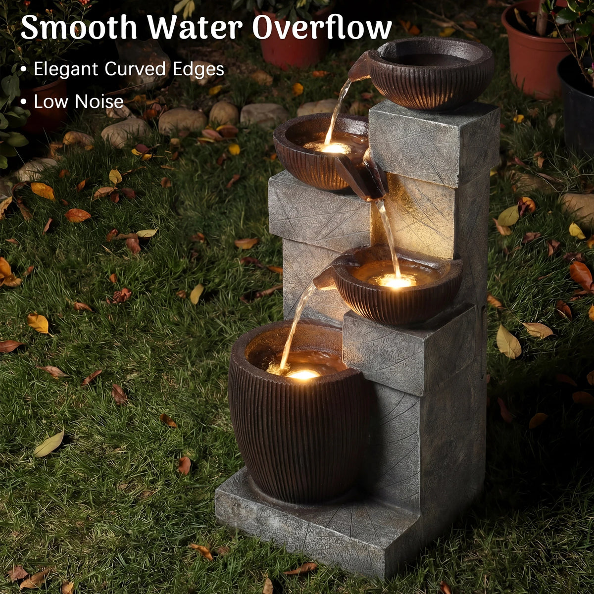 Cascading Water Fountain With LED Lights And Adjustable Flow Pump