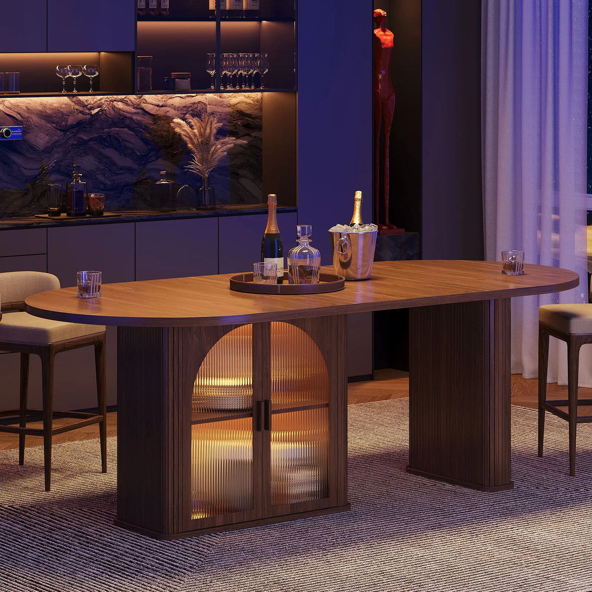 ONBRILL Oval Dining Table With Storage And LED Lighting