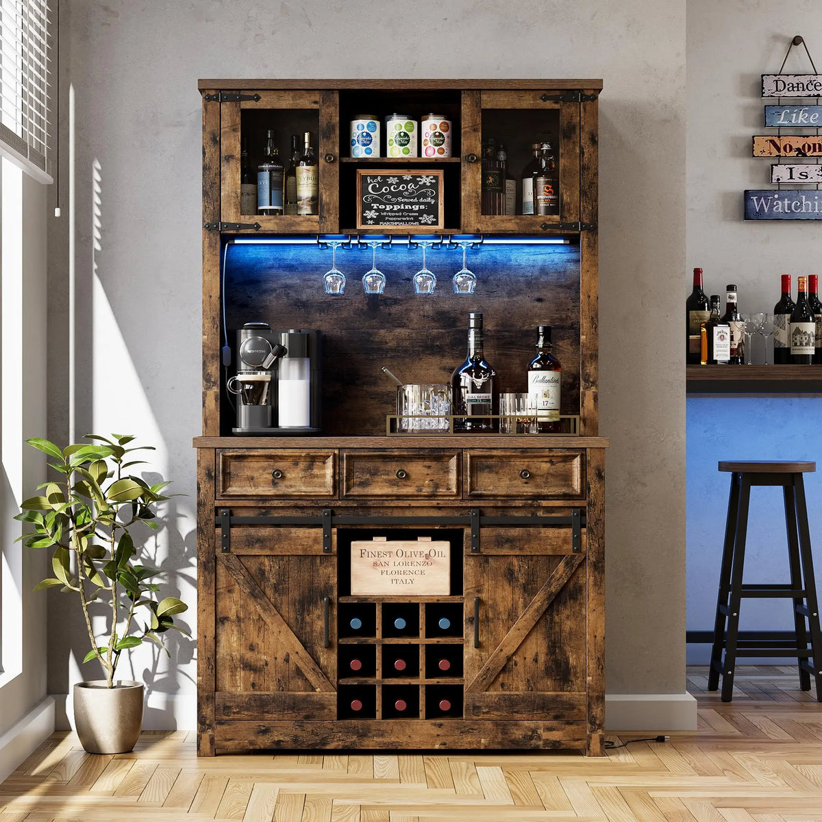 HiMISS Farmhouse Coffee Bar Cabinet With LED Lights And Storage