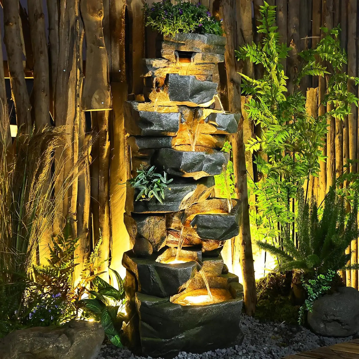 Tree Trunk Outdoor Waterfall Fountain With LED Lights For Garden
