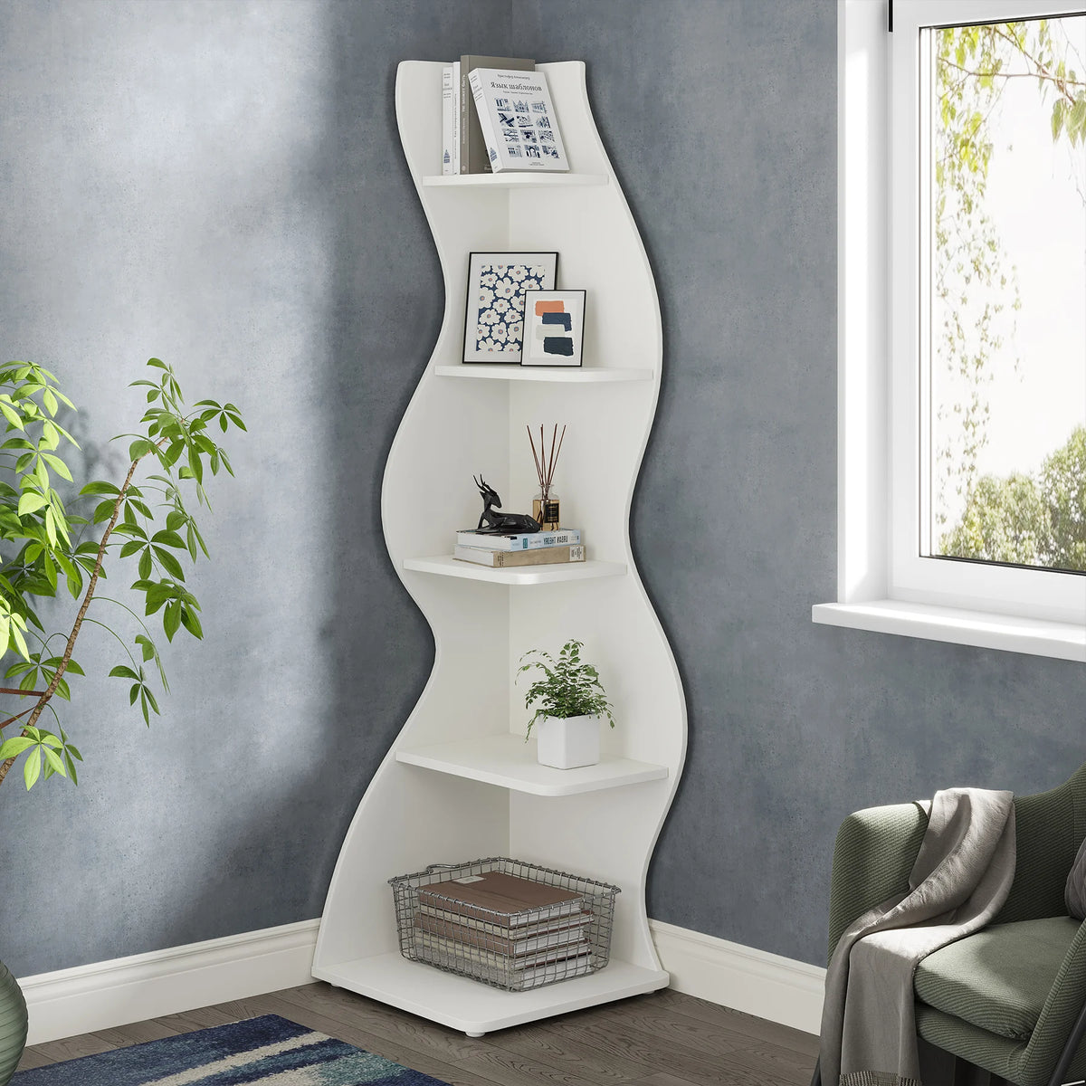 Tribesigns Modern Corner Bookshelf Storage Rack and Plant Stand
