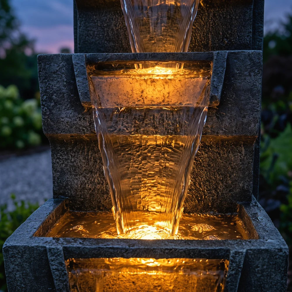 Four Tier Cascading Outdoor Water Fountain With Warm LED Lights