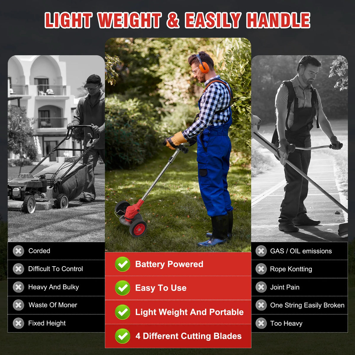 Cordless 3-in-1 Lawn Mower and Grass Trimmer Garden Tool