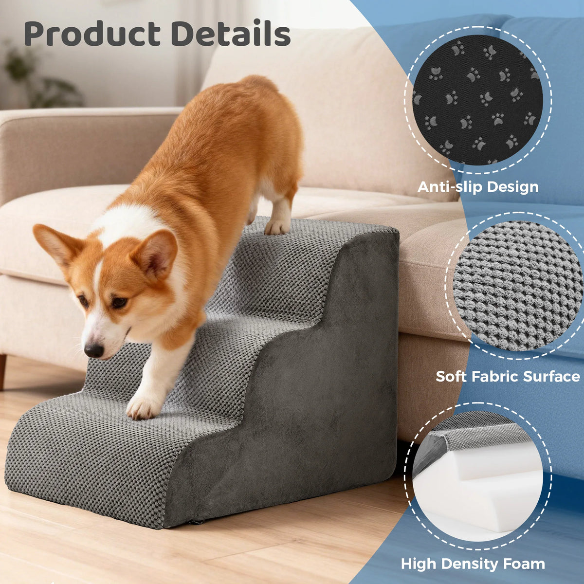 Curved Foam Dog Stairs Ramp With Non Slip Pet Steps