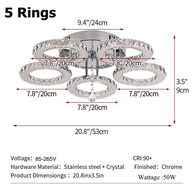 GreeLustr Modern LED Pendant Light Crystal Ring Ceiling Chandelier