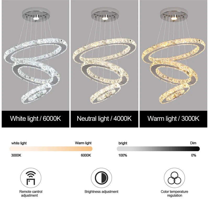 GreeLustr Modern Crystal Ring LED Chandelier With Dimmer Remote