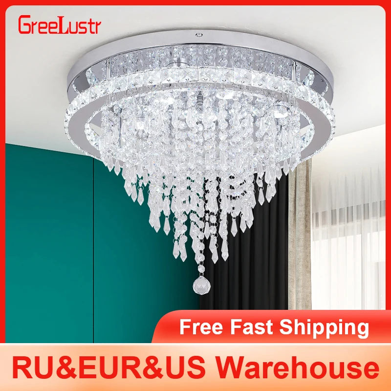 GreeLustr Modern Crystal Chandelier Dimmable Led Ceiling Light With Remote